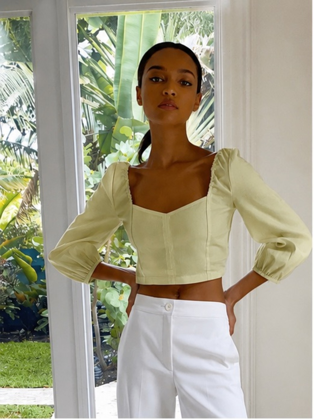 Aritzia Babaton Hadwyn Linen Blouse in Lemongrass SZ XXS